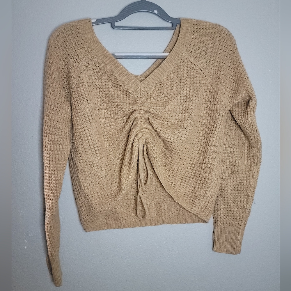 Beige Knit Sweater with Drawstring Detail